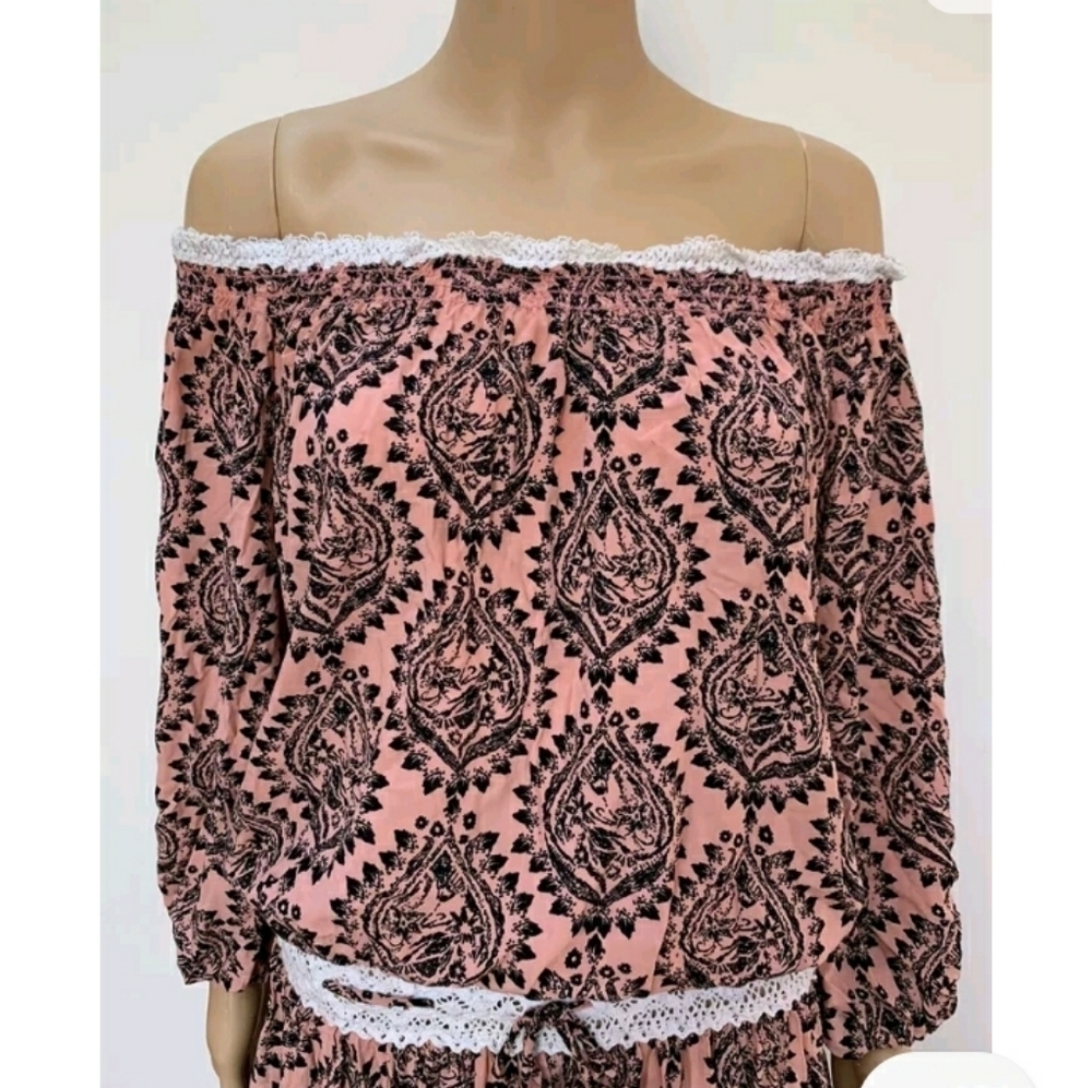 Free People Mini Dress 3/4 Sleeve Off  Shoulder Printed Black Coral Boho Small - Picture 3 of 13